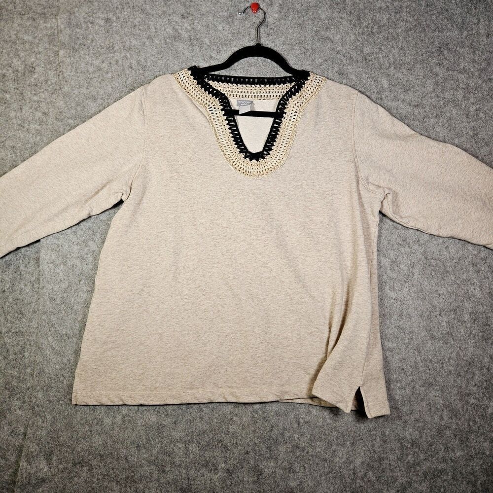 Chicos Zenergy Womens Beige Crochet Trim‎ Neckline Blouse Comfort Size 3/16 READ